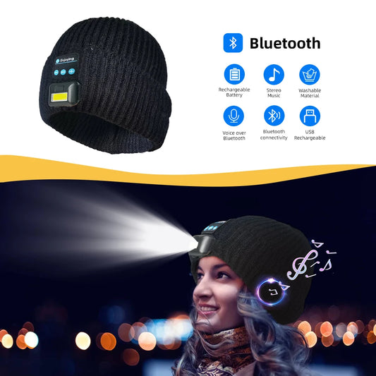 Bluetooth Beanie with Light, Unisex LED Headlamp Hat with Wireless Headphones, Unique Christmas Birthday Gifts